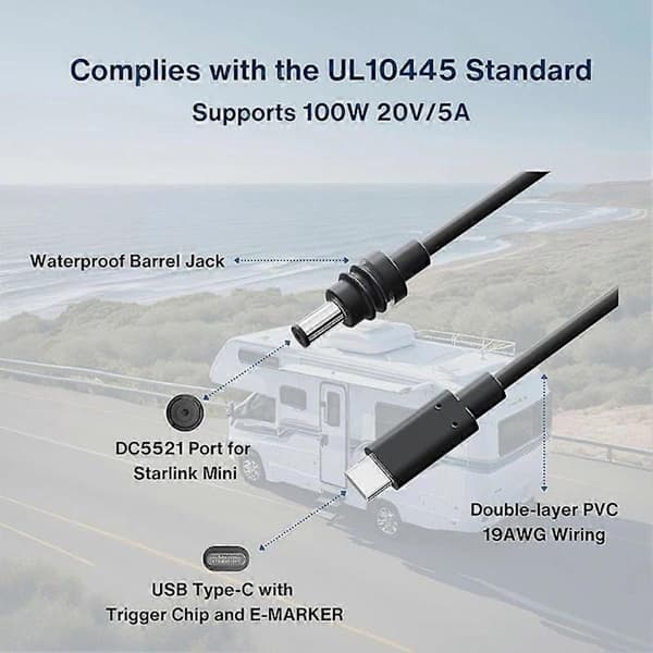 Til Starlink Mini USB C til DC 5.5mm x 2.1mm Strømkabel, 20V 100W Ladekabel, Erstatningskabel Til Starlink Mini Dele, størrelse 2m