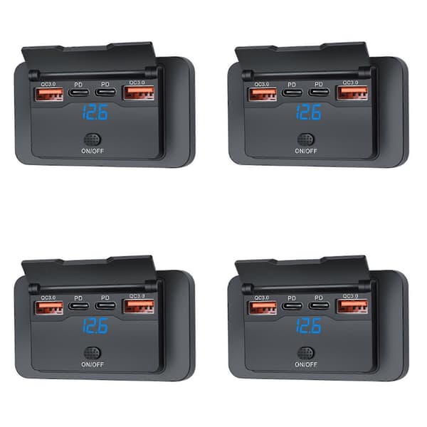 4X 4-porter 12V 108W Dobbel PD+Dobbel QC3.0 USB-lader med digital voltmeterbryterkontakt strømuttakspaneladapter
