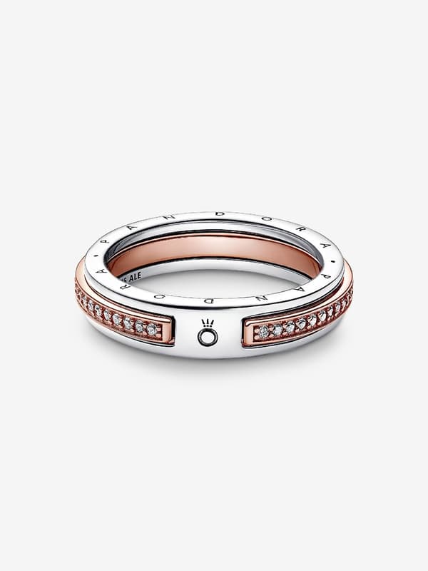 Pandora - P Signature Two-tone Logo & Pavé Ring - Sterling Silver, 14k Rose Gold Plating Circumference: 50mm