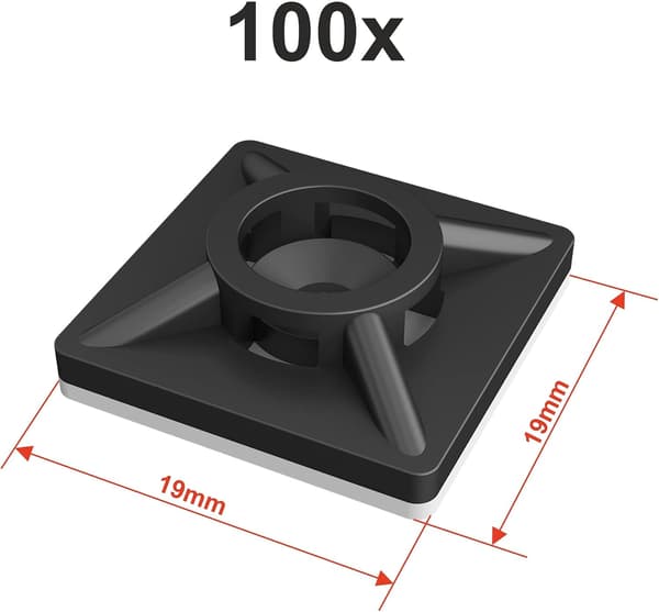 100 st. selvklæbende kabelbindere, 19 mm x 19 mm, sort, selvklæbende kabelbindere, plastkabelbinderholdere, til kabelbindere