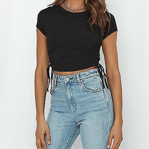 Women's Crew Neck Short Sleeve Drawstring Side Ruched Crop Top (S Black)