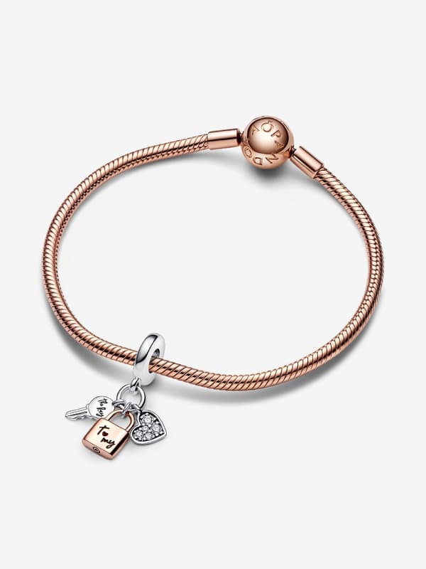 Pandora - Two-tone Key, Padlock & Heart Triple Dangle Charm - Sterling Silver, 14k Rose Gold Plating
