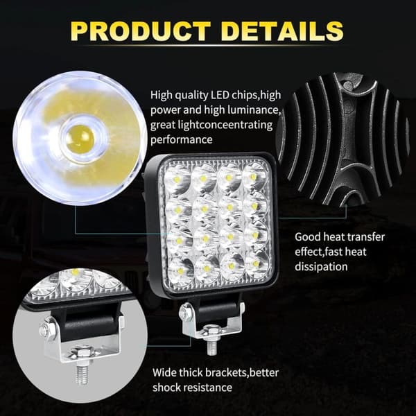 4 stk. firkantede LED arbeidslys, 3,3 tommer Mini 48W 12V lampe, frontlys, tåkelys