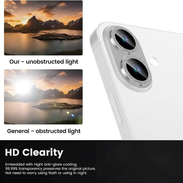 Camera Lens Protector for iPhone 16 / iPhone 16 Plus, Glitter Decoration Individual Lens Covers, Ultra-thin, Silver