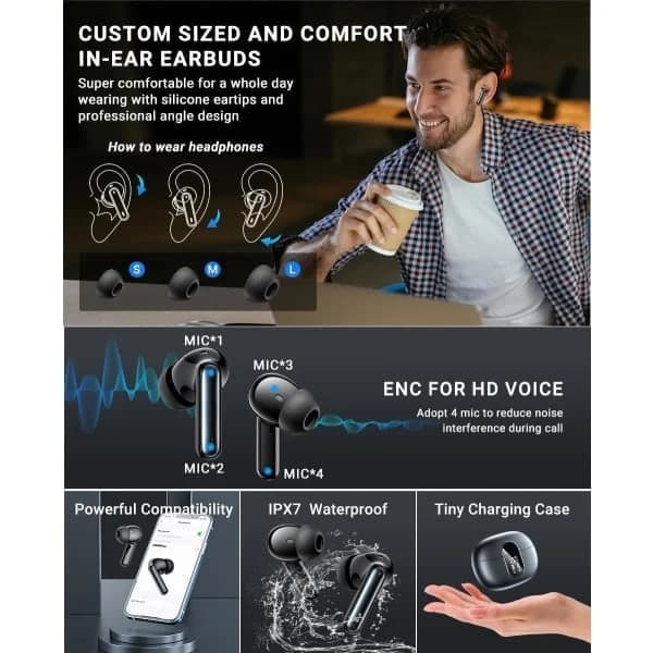 X500 Wireless Bluetooth Headphones, ANC + ENC, BT 5.3, 30 Hours Playtime, Black