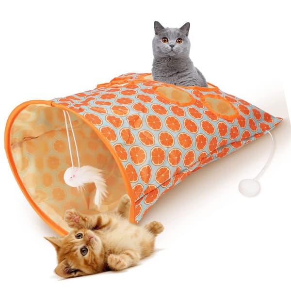 Sammenklappelig kattetunnelpose med 5 huller, knitrende lyd og plysbolde orange til killinger