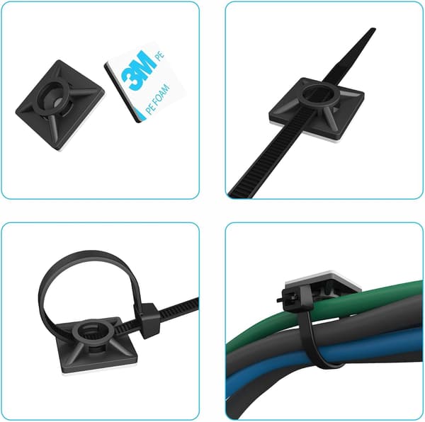 100 st. selvklæbende kabelbindere, 19 mm x 19 mm, sort, selvklæbende kabelbindere, plastkabelbinderholdere, til kabelbindere