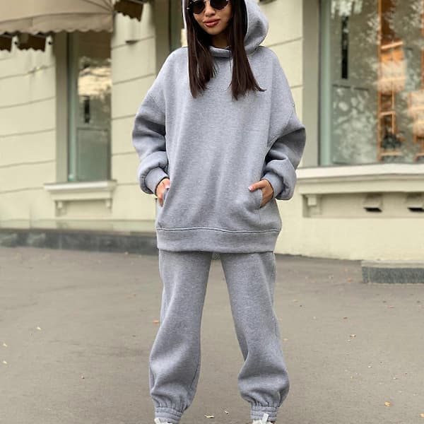 2-delt hættetrøjesæt, ensfarvet pullover-sweatshirt og joggingbukser, tykt træningssæt Light Gray L