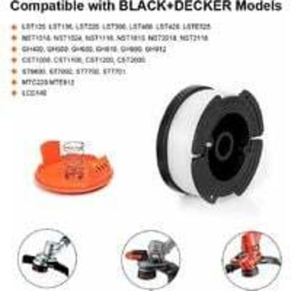Sett med 6 spoler A6485 A6481 for Black & Decker gressklipper, nylon tråd 6 x 9 m, tråd 1,65 mm + 1 kork + 1 fjær