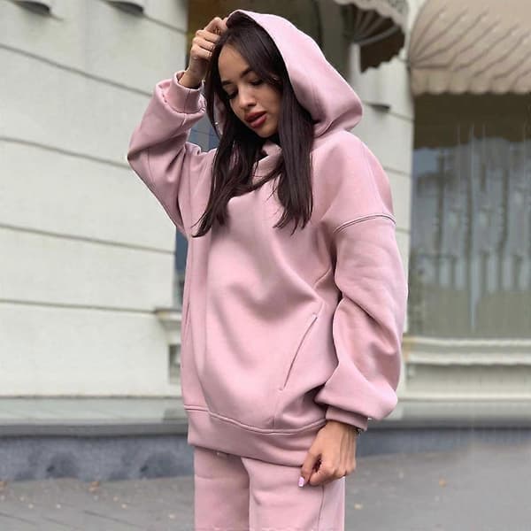 2-delt hættetrøjesæt, ensfarvet pullover-sweatshirt og joggingbukser, tykt træningssæt Pink L