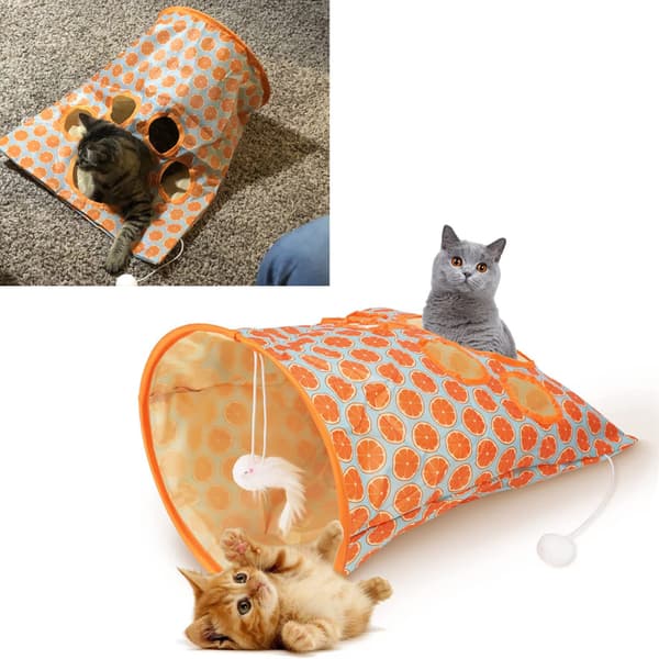 Sammenklappelig kattetunnelpose med 5 huller, knitrende lyd og plysbolde orange til killinger