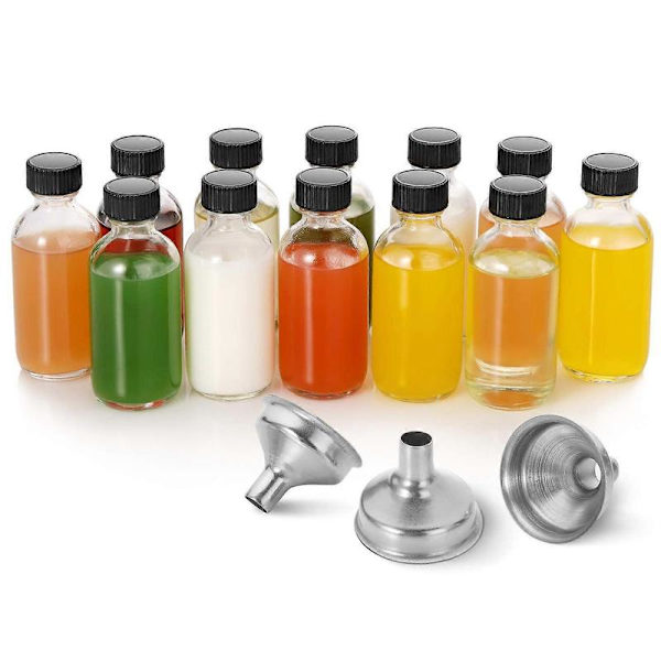 12-pack, 2 oz Små Klara Glasflaskor med Lock & 3 Rostfria Trattar - 60ml Boston Round Provflaskor för Dryck, Juice, Ingefärsshots, Oljor