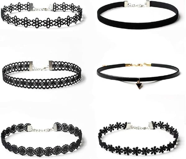 6 stk. halskæde sort fløjl choker sæt klassisk gotisk tatovering blonde chokers