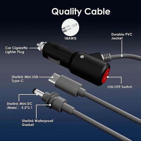 For Starlink Mini 3-i-1 DC-strømkabel Vanntett forlengelse USB C 12-20V Sigarettennerplugg og DC hann 5m