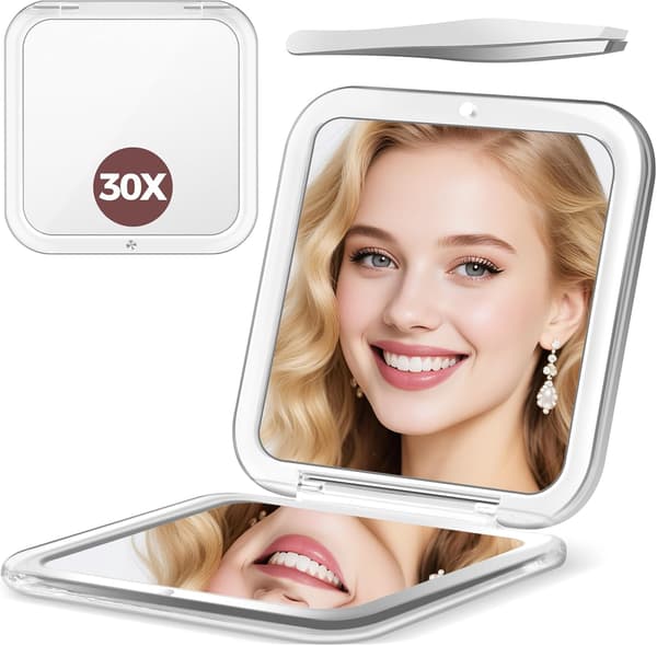 Magnifying mirror, 30x makeup mirror with magnification, small makeup mirror 8.5 x 8.5 cm, foldable travel mirror, white