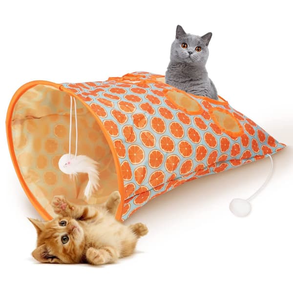 Sammenklappelig kattetunnelpose med 5 huller, knitrende lyd og plysbolde orange til killinger