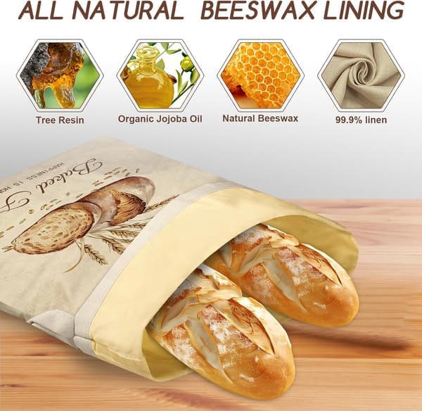 2-pack XL beeswax bread bags for sourdough, reusable organic cotton storage, freezer safe