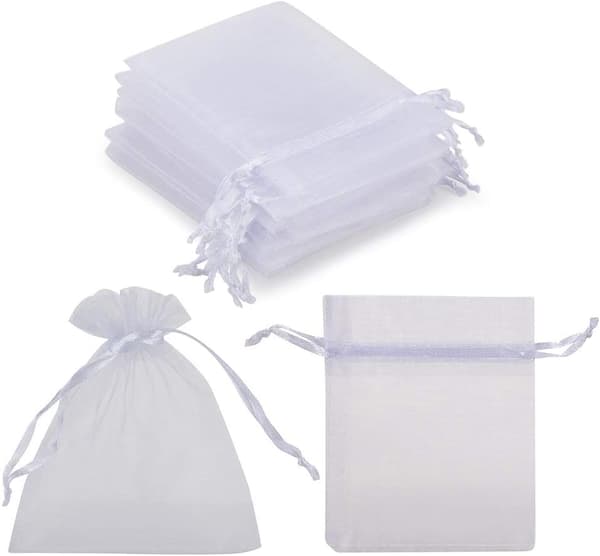 100 stk hvide smykkeposer snøre organza stofpose mini slik