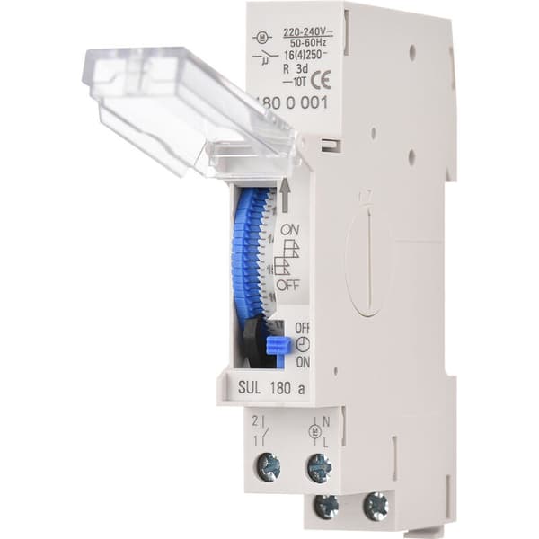 24-timers mekanisk timer 15-minutters minimum timer Skinnemontering Innebygd batteri, SUL180a AC220-240V Grå