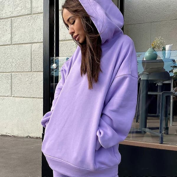 2-delt hættetrøjesæt, ensfarvet pullover-sweatshirt og joggingbukser, tykt træningssæt Purple M
