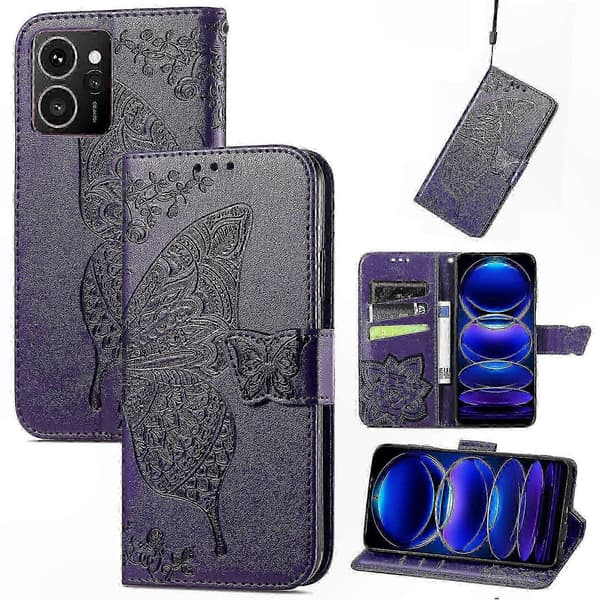PU læderpung-etui med sommerfuglemønster til telefon Dark Purple