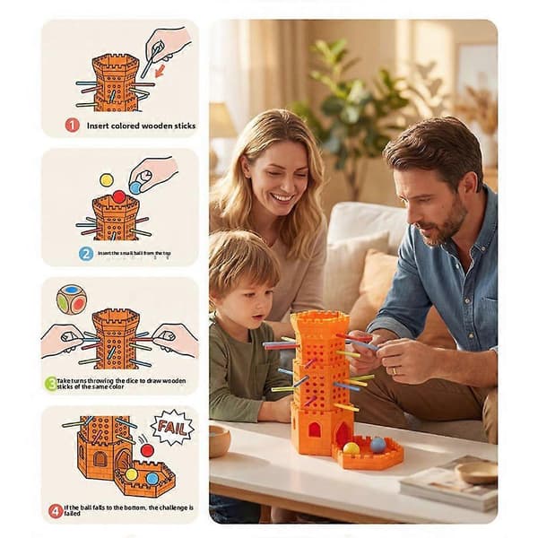 Pull a Stick Tower-spel, pedagogisk staplingsleksak i trä för barn, STEM-byggspel för familjefester och lek Orange