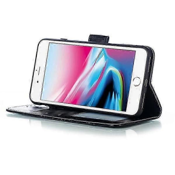 Imprint Mandala Blomsterpung Stand Flip Læder Etui med Rem Kompatibel til iPhone 8 Plus/7 Plus 5.5 tommer Black