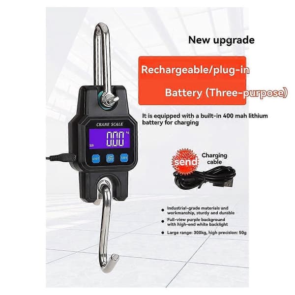 WeiHeng C06 Electronic Crane Scale Handheld Hook Scale 300kg/50g Portable Rechargeable Hanging Scale Black with Bluetooth Black Black B