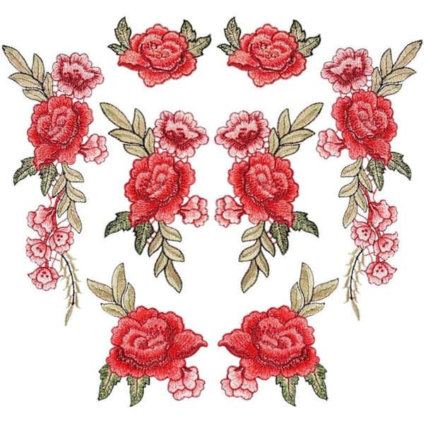 8 stk. blomstrete broderte lapper, stryke på lapper, roselapp for jeans, klær, hatt, sko
