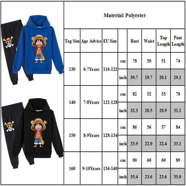 ONE PIECE Monkey D. Luffy Træningsdragt Børn Hættetrøje Joggingbukser Sæt 2-dele/Sæt Sort Sort Black 130cm