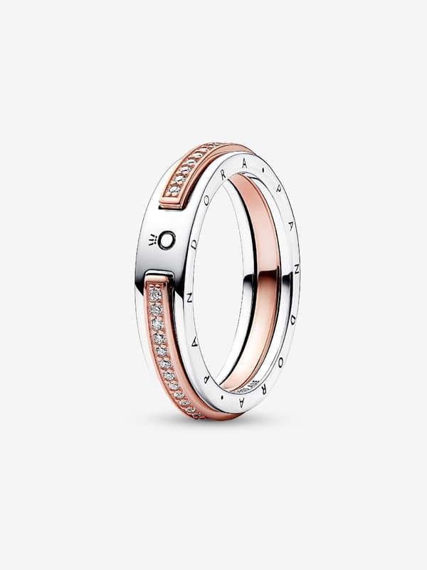 Pandora - P Signature Two-tone Logo & Pavé Ring - Sterling Silver, 14k Rose Gold Plating Circumference: 50mm