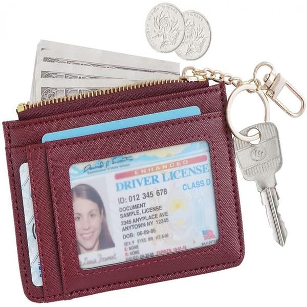 Kvinders slanke minimalistiske læderpung med frontlomme til kort og ID-vindue (vinrød)