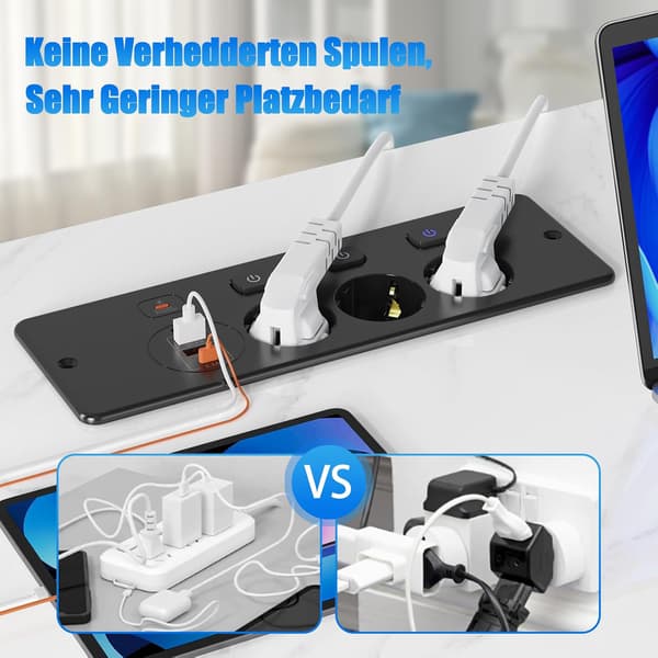 Indfældet stikdåse - 3-vejs med 2 USB, bordstikdåse med 2 USB C, 3 afbrydere, 2 m kabel black