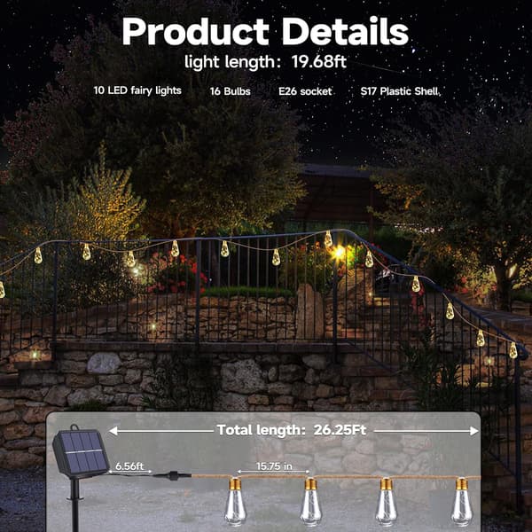 Solar String Lights Outdoor Garden - 8M 16 LED Unbreakable Waterproof Lights, Hemp Rope Solar String Lights with (Warm White), CJY