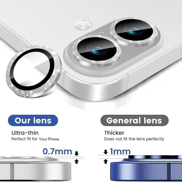 Camera Lens Protector for iPhone 16 / iPhone 16 Plus, Glitter Decoration Individual Lens Covers, Ultra-thin, Silver