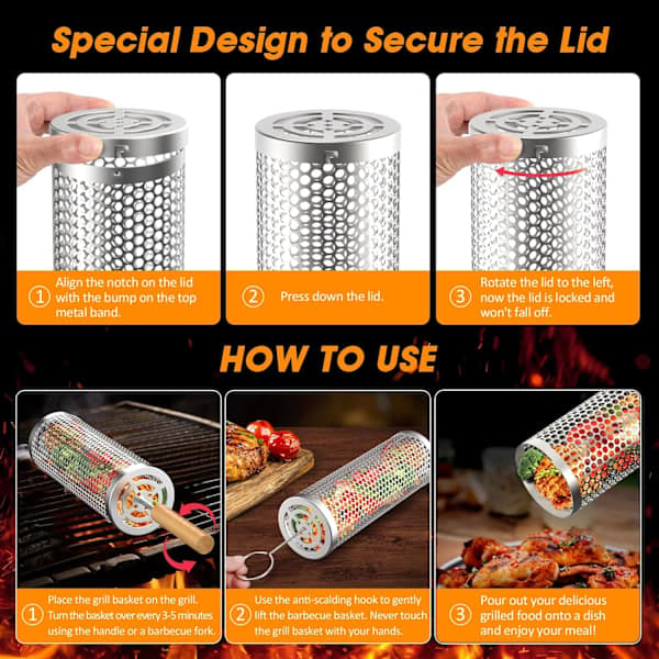 Rolling Grill Basket with Handle - 24x10 cm, Stackable BBQ Grill Basket for Vegetables, Outdoor Cooking