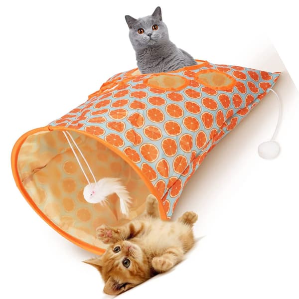 Sammenklappelig kattetunnelpose med 5 huller, knitrende lyd og plysbolde orange til killinger