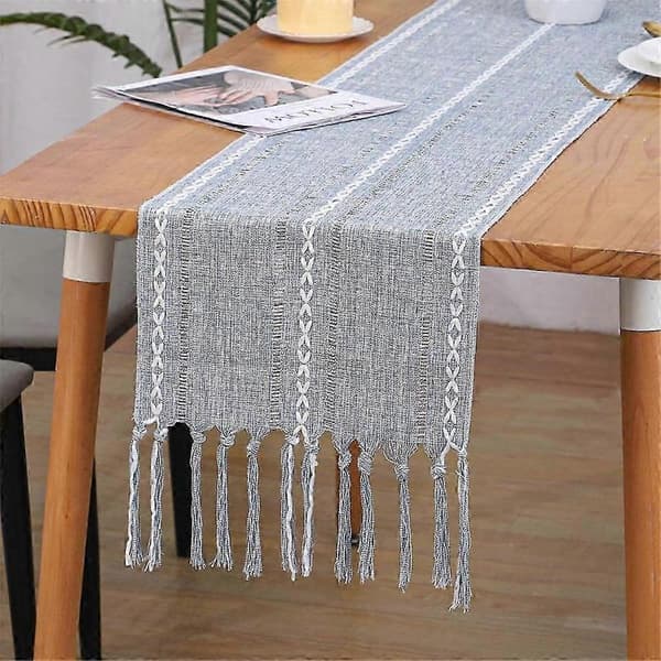 2-pack linneduk, 33x198 cm, flätade ränder för matsalen white grey
