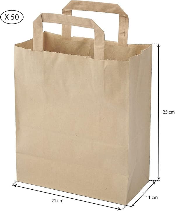 Sæt med 50 brune kraftpapirsposer med flade håndtag - 21x11x25 cm - Indkøbspose/gavepose til fødselsdag