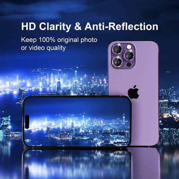 [3+1] for iPhone 14 Pro/iPhone 14 Pro Max Camera Lens Protector Bling, 9H Tempered Glass Camera Cover Screen Protector Metal, Purple Glitter