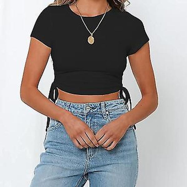 Women's Crew Neck Short Sleeve Drawstring Side Ruched Crop Top (S Black)