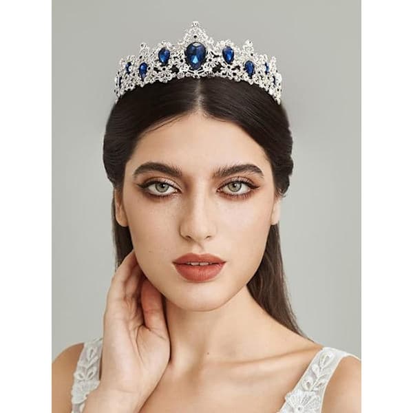 Krystalltiara for kvinner, blå bryllupskrone for bruder, brud H