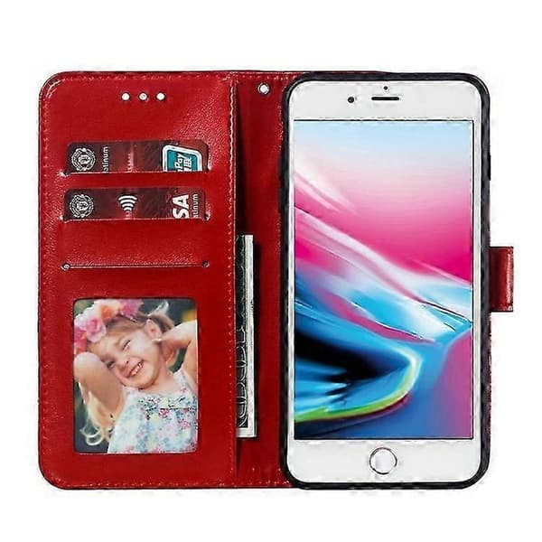 Imprint Mandala Blomsterpung Stand Flip Læder Etui med Rem Kompatibel til iPhone 8 Plus/7 Plus 5.5 tommer Red