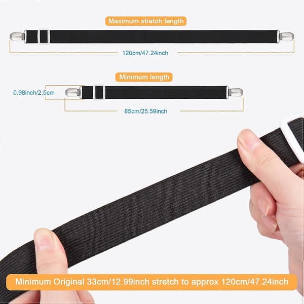 8 Pieces Sheet Clips, Adjustable Sheet Holders, High Elastic Fitted Sheet Straps with Clips, Sheet Fasteners Max Stretch 120cm Black