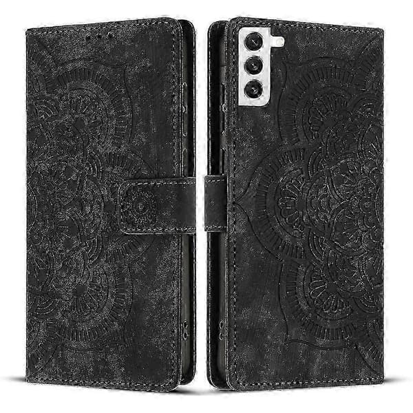 Frosted læder smartphone-etui til Mandala præget retro (sort, til Samsung Galaxy S21 5G)