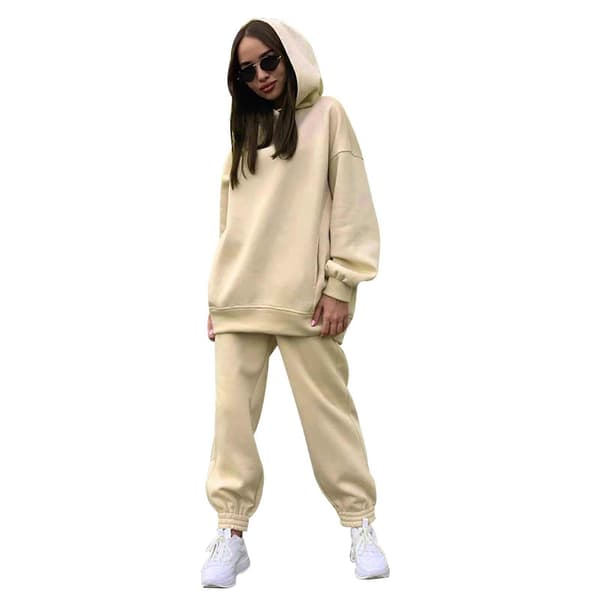 2-delt hættetrøjesæt, ensfarvet pullover-sweatshirt og joggingbukser, tykt træningssæt Apricot XL