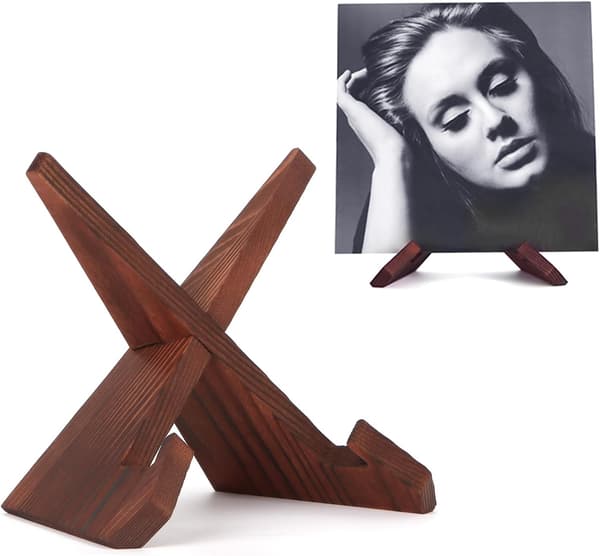 Now Playing Vinyl Record Stand, Wooden Display Vinyl Holder Stand, Retro Now Playing Record Accessory - Rustic Brown