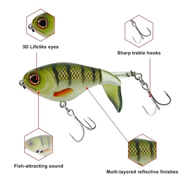 3 Pcs Bass Whopper Plopper Lures, Plopper with Floating Rotating Tail, Bass Fishing with Sharp Treble Hook