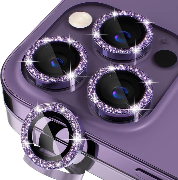 [3+1] for iPhone 14 Pro/iPhone 14 Pro Max Camera Lens Protector Bling, 9H Tempered Glass Camera Cover Screen Protector Metal, Purple Glitter