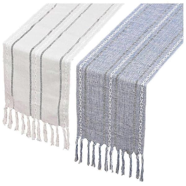 2-pakning linseduk, 33x198 cm, flettede striper til spisebord white grey